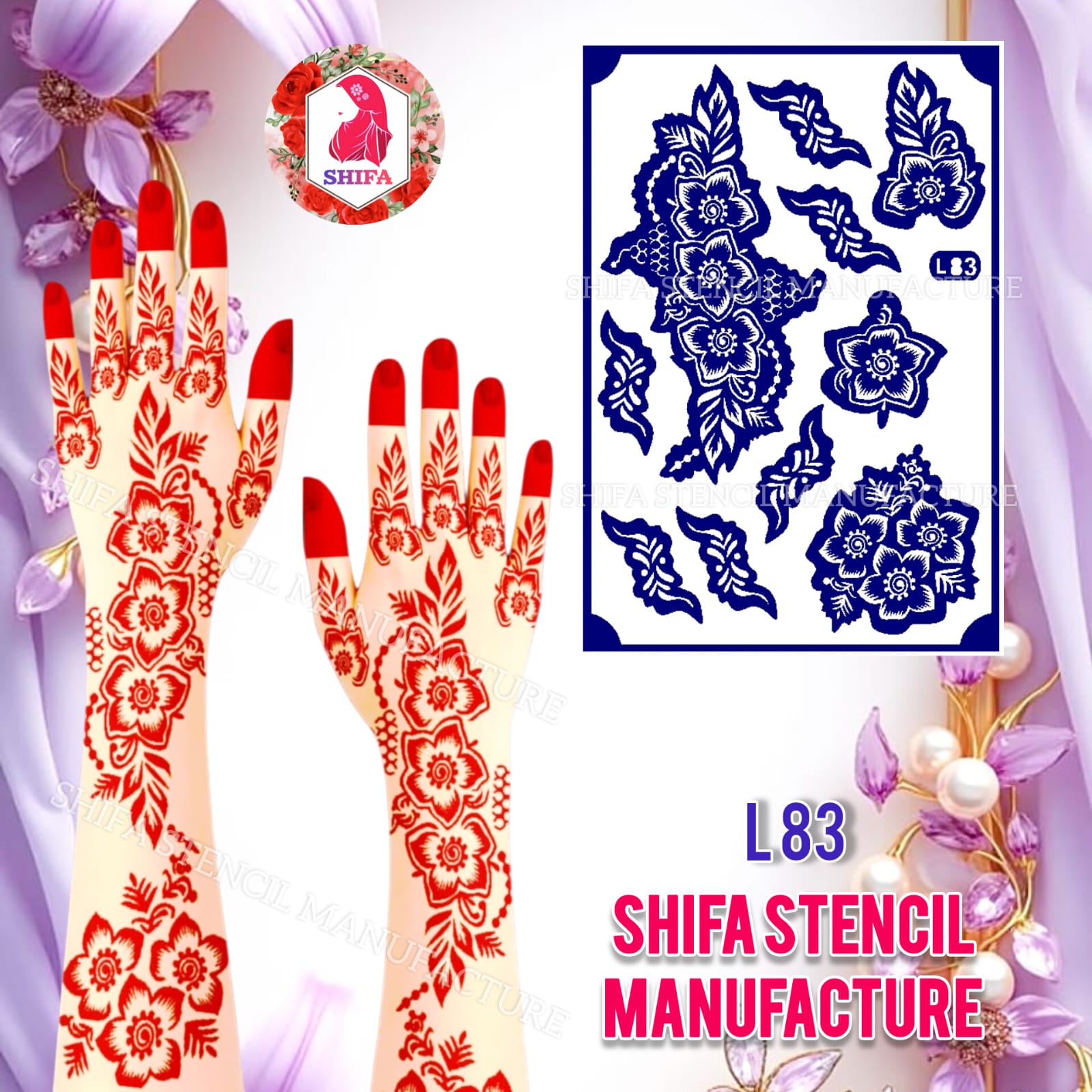 L 83 – Elegant Blossom Cascade Sticker Overview Henna Stencil - Shifa Stencil